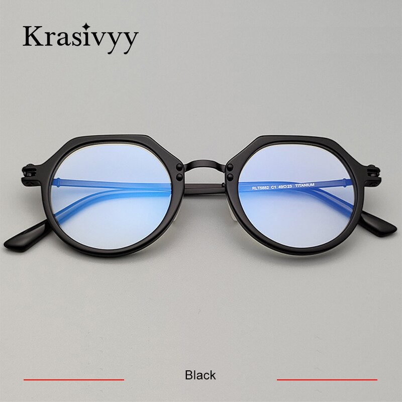 Krasivyy Unisex Full Rim Flat Top Round Titanium Acetate Eyeglasses Rlt5882 Full Rim Krasivyy Black CN 