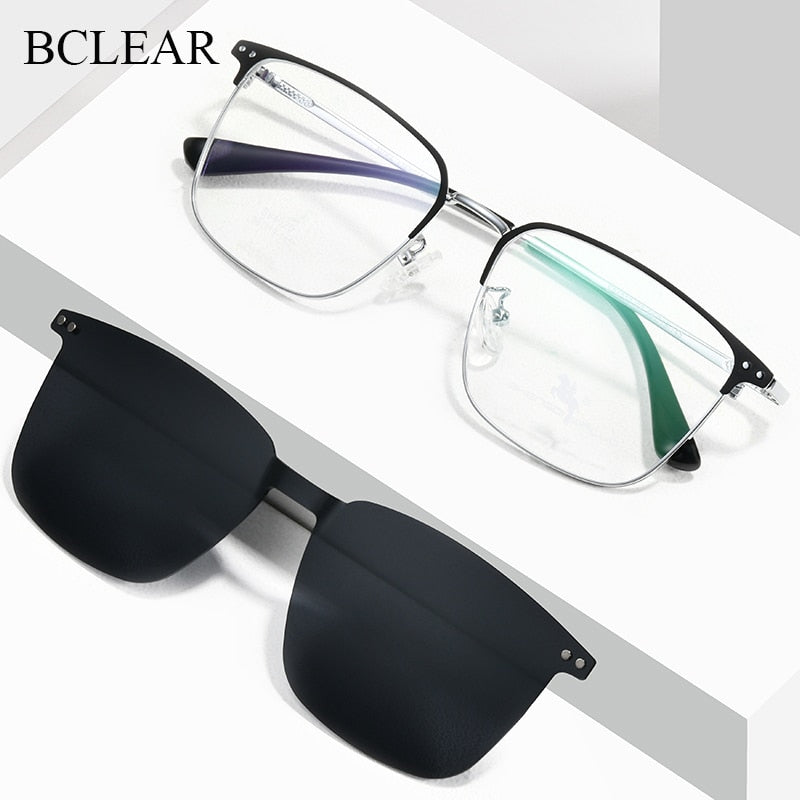 Bclear Men's Full Rim Square Alloy Frame Eyeglasses Clip On Polarized Sunglasses Zt94020 Sunglasses Bclear   
