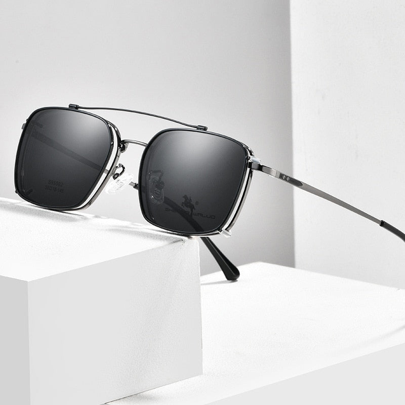 Bclear Men's Full Rim Square Alloy Frame Eyeglasses With Clip On Polarized Sunglasses Zt95002 Sunglasses Bclear   