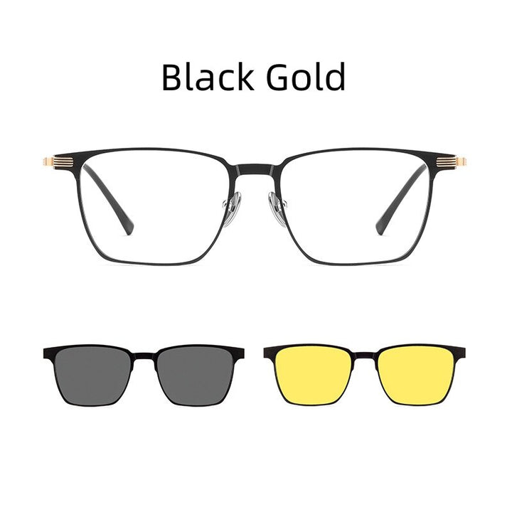 KatKani Unisex Full Rim Square Aluminum Magnesium Titanium Eyeglasses Clip On Polarized Sunglasses 9903 Clip On Sunglasses KatKani Eyeglasses Black Gold  