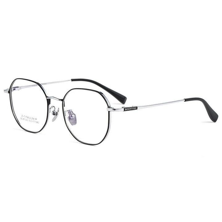 KatKani Unisex Full Rim Polygon Titanium Eyeglasses 87006 Full Rim KatKani Eyeglasses Black Silver  