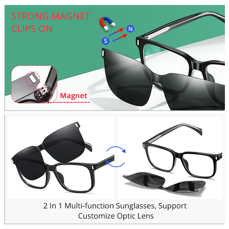 Ralferty Men's Full Rim Square Tr 90 Acetate Eyeglasses With Clip On Polarized Sunglasses D7201 Clip On Sunglasses Ralferty   