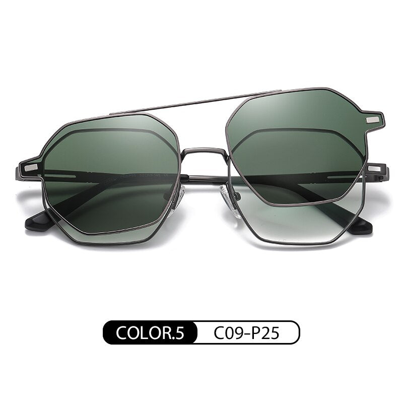 Zirosat Unisex Full Rim Polygon Round Alloy Eyeglasses Clip On Sunglasses CG8801 Clip On Sunglasses Zirosat green  