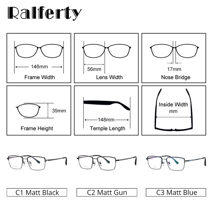 Ralferty Men's Full Rim Square Titanium Eyeglasses D2031 Full Rim Ralferty   