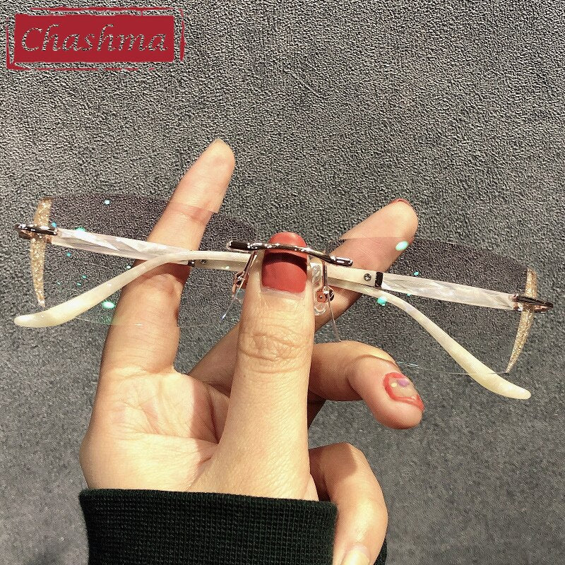 Chashma Women's Rimless Rectangle Titanium Glitter Edge Lens Eyeglasses 52025 Rimless Chashma Gray Red Lenses  