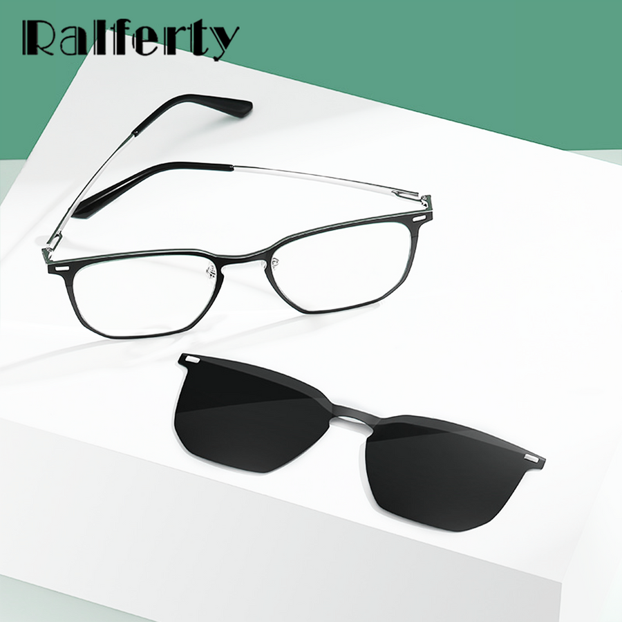 Ralferty Unisex Full Rim Square Alloy Acetate Eyeglasses With Clip On Polarized Sunglasses D8201 Clip On Sunglasses Ralferty   