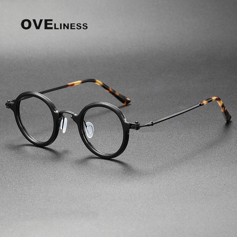 Oveliness Unisex Full Rim Round Acetate Titanium Eyeglasses 5899 Full Rim Oveliness black  