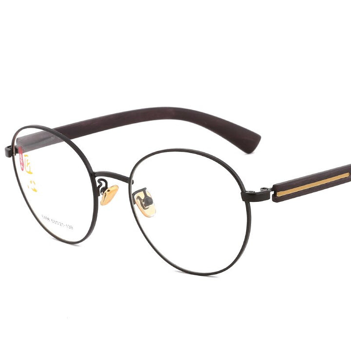 Hdcrafter Unisex Full Rim Oval Alloy Wood Temple Frame Eyeglasses 6498 Full Rim Hdcrafter Eyeglasses Black  