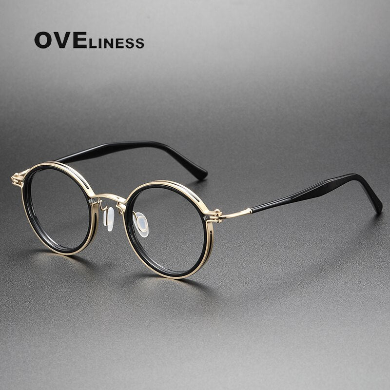 Oveliness Unisex Full Rim Round Acetate Titanium Eyeglasses 5862 Full Rim Oveliness black gold  