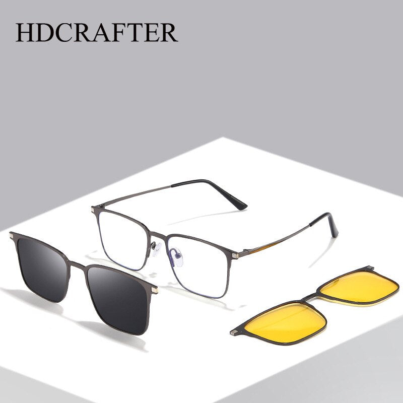 Hdcrafter Unisex Full Rim Square Alloy Eyeglasses Clip On Polarized Sunglasses 7012 With Clip Ons Hdcrafter Eyeglasses   