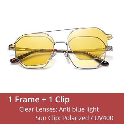 Ralferty Unisex Full Rim Hexagon Alloy Eyeglasses With Clip On Polarized Sunglasses Clip On Sunglasses Ralferty C05 Silver-Yellow China As picture
