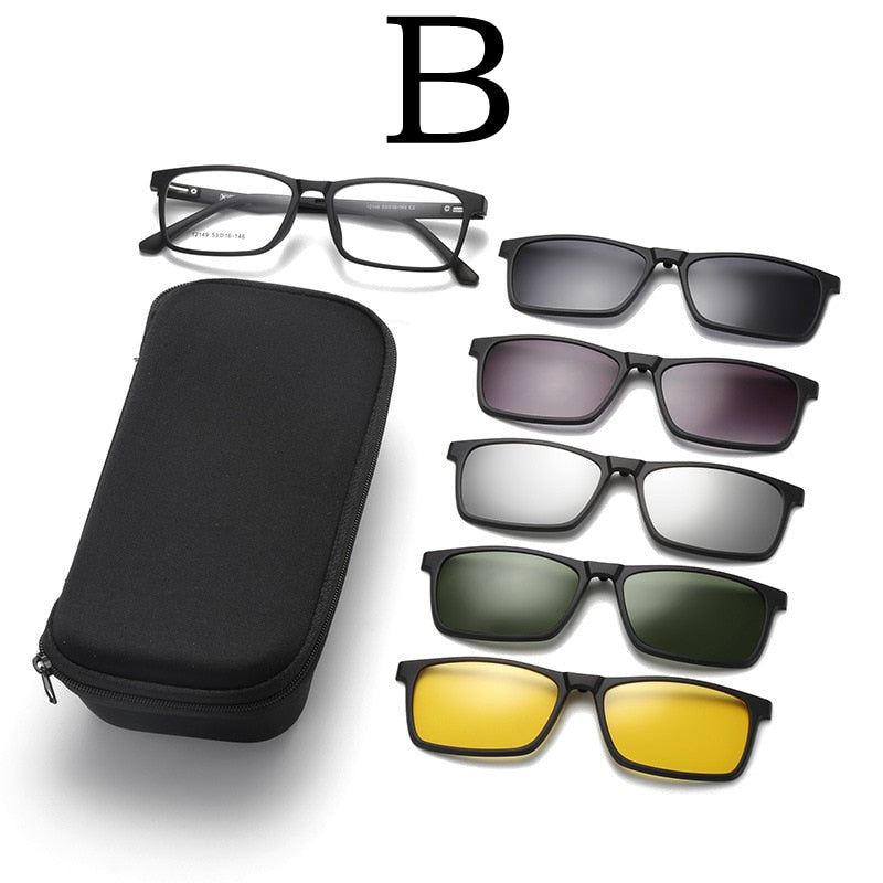 Yimaruili Unisex Full Rim Square Tr 90 Eyeglasses 5 Clip On Polarized Sunglasses 12149 With Clip Ons Yimaruili Eyeglasses B  