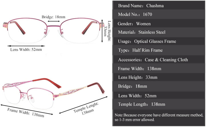 Chashma Ochki Women's Semi Rim Oval Rectangle Stainless Steel Eyeglasses 1970 Semi Rim Chashma Ochki   