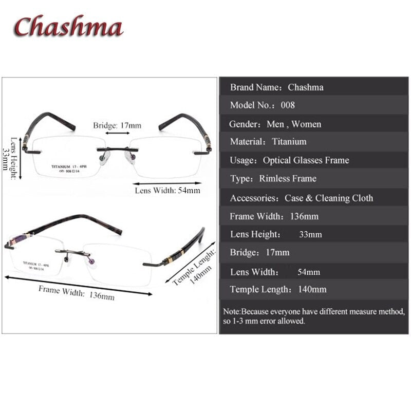 Chashma Ochki Unisex Rimless Square Titanium Stainless Steel Eyeglasses 008 Rimless Chashma Ochki   