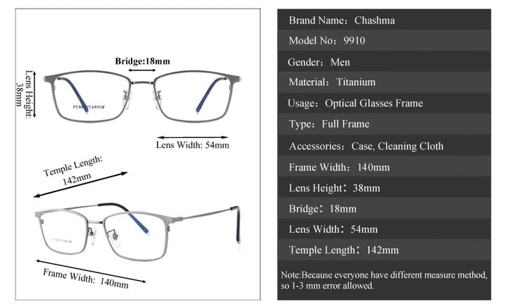 Chashma Ottica Men's Full Rim Square Titanium Eyeglasses 9910 Full Rim Chashma Ottica   