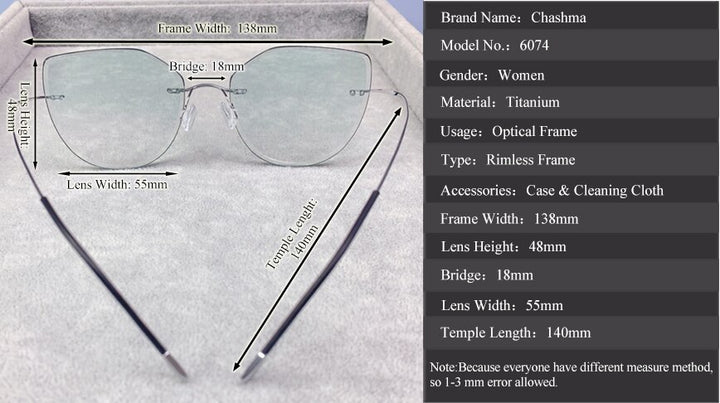 Chashma Ochki Women's Rimless Square Cat Eye Titanium Eyeglasses 6074 Tinted Lenses Rimless Chashma Ochki   