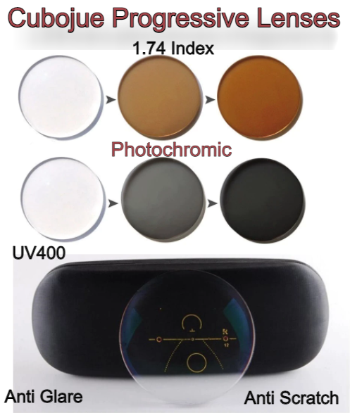 Cubojue 1.74 Index Progressive Photochromic Anti Blue Light High/Low Cylinder Polycarbonate Lenses Lenses Cubojue Lenses   
