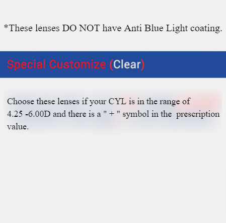 Ralferty High Cylinder Single Vision Anti Blue Lenses Color Clear Lenses Ralferty Lenses 1.56 Special Custom Clear 