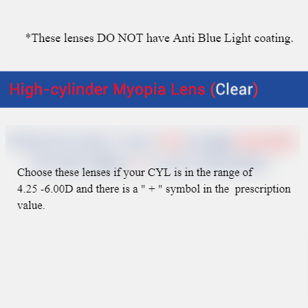 Ralferty High Cylinder Single Vision Anti Blue Lenses Color Clear Lenses Ralferty Lenses 1.56 Myopic Clear 