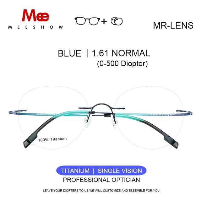 Titanium Unisex Glasses Rimless With Diopter Round Eyeglasses 8506 Rimless Meeshow Blue 1.61 MR Lens  