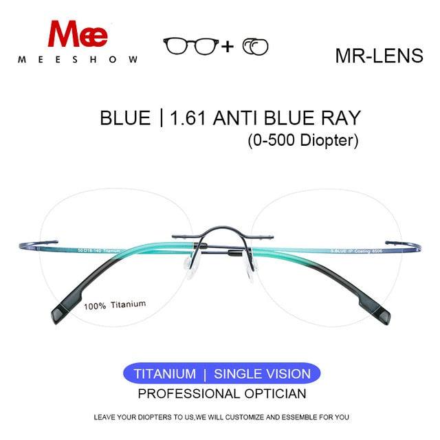 Titanium Unisex Glasses Rimless With Diopter Round Eyeglasses 8506 Rimless Meeshow Blue 1.61 anti blue  