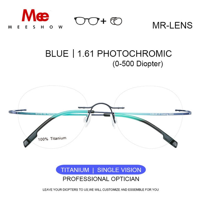 Titanium Unisex Glasses Rimless With Diopter Round Eyeglasses 8506 Rimless Meeshow Blue 1.61 Photo  