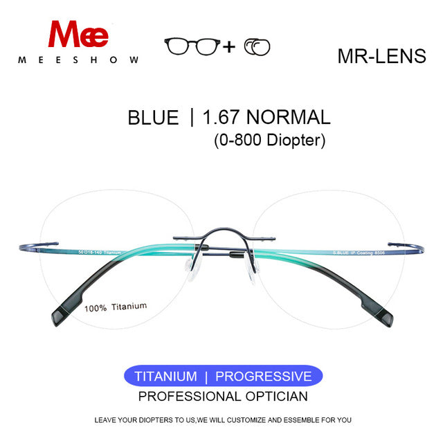 Titanium Unisex Glasses Rimless With Diopter Round Eyeglasses 8506 Rimless Meeshow Blue 1.67 Progressiv  