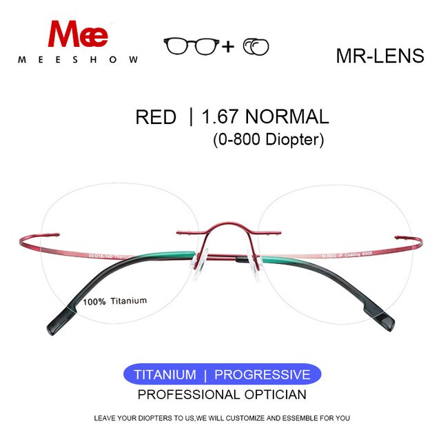 Titanium Unisex Glasses Rimless With Diopter Round Eyeglasses 8506 Rimless Meeshow Red 1.67 Progressive  