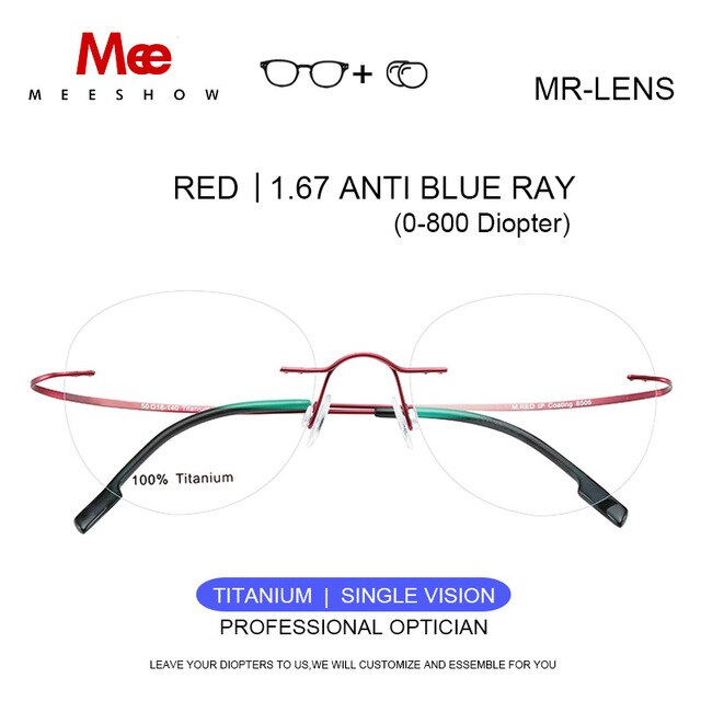 Titanium Unisex Glasses Rimless With Diopter Round Eyeglasses 8506 Rimless Meeshow Red 1.67 Anti Blue  