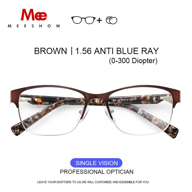 Meeshow Titanium Alloy Eyeglasses Frame Women's Glasses Cat Eye 809 Frame MeeShow Brown 1.56 Anti Blue  