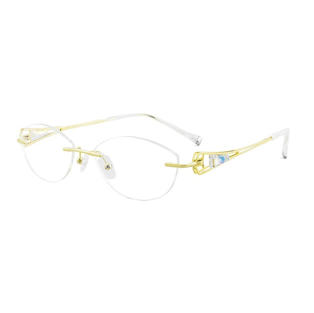 Titanium Cat Eye Rhinestone Glasses Frames Women Crystal Rimelss Eyeglasses As10061 Frame Aissuarvey Eyeglasses Gold  