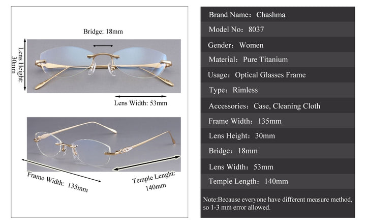 Chashma Designer Eyeglasses Diamond Rimless Titanium Stone Lenses Women 8037 Rimless Chashma   