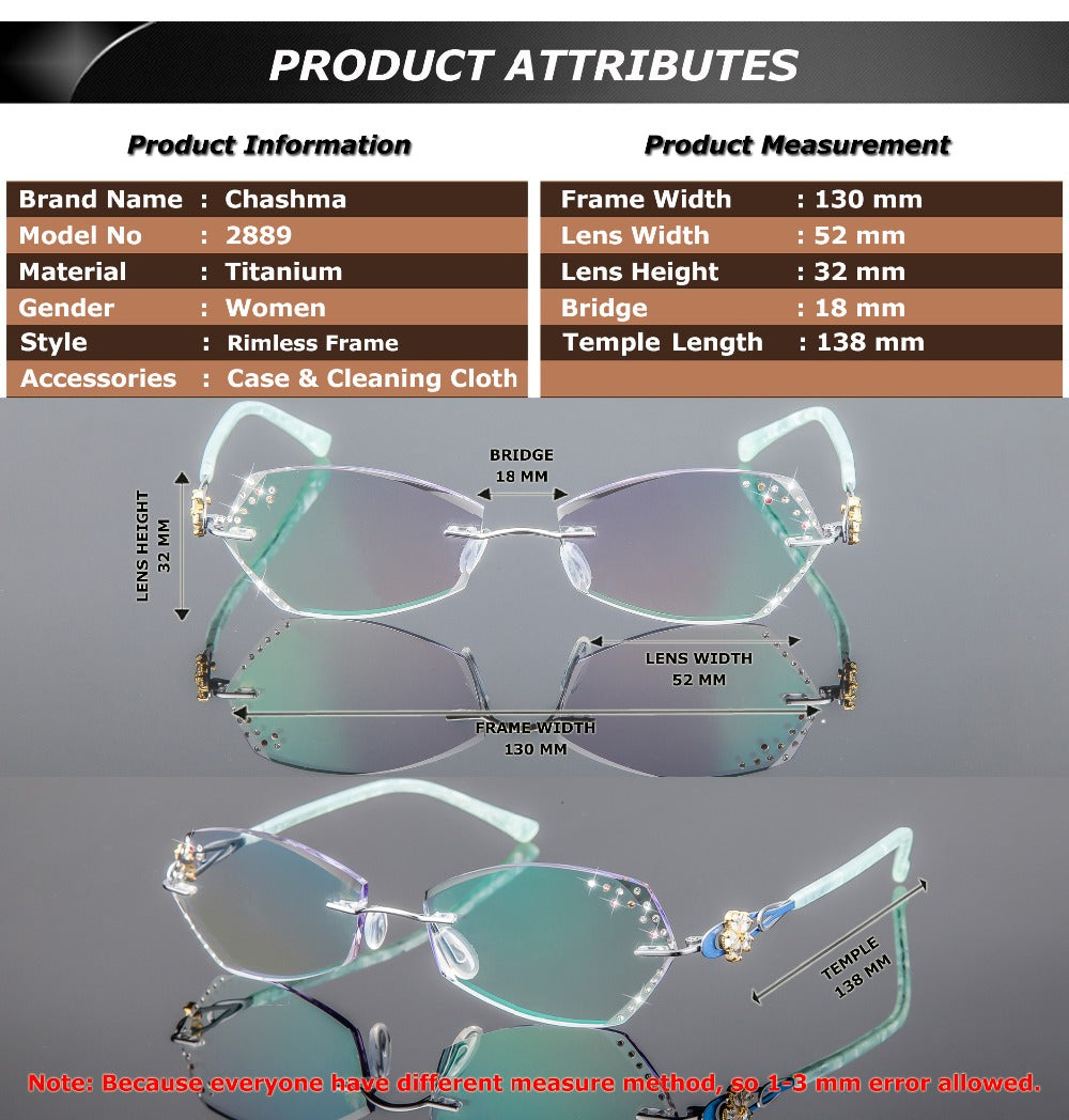 Chashma Luxury Tint Lenses Diamond Cutting Rimless Titanium Frame Women 2889 Rimless Chashma   