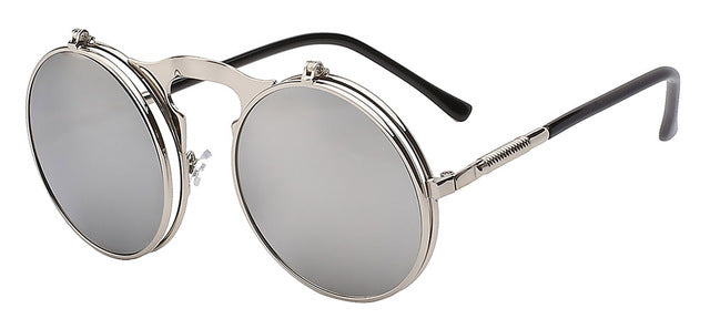 Xiu Brand Flip Up Steampunk Sunglasses Men Round Mens Oem Sunglasses Xiu Silver mirror lens  