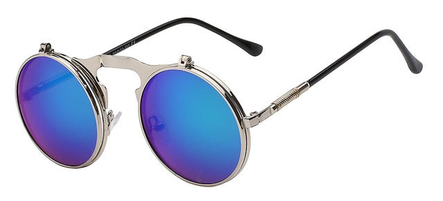 Xiu Brand Flip Up Steampunk Sunglasses Men Round Mens Oem Sunglasses Xiu Green mirror lens  