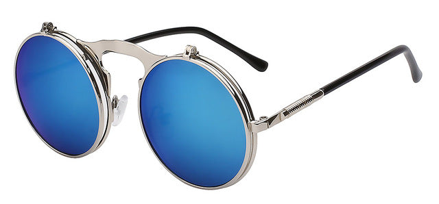 Xiu Brand Flip Up Steampunk Sunglasses Men Round Mens Oem Sunglasses Xiu Blue mirror lens  