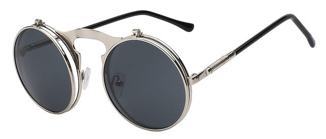 Xiu Brand Flip Up Steampunk Sunglasses Men Round Mens Oem Sunglasses Xiu Silver w black lens  