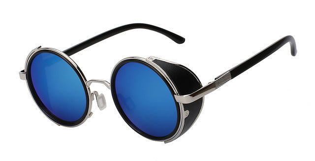 Xiu Sunglasses Steampunk Men Sunglass Round Metal Wrap Uv400 Sunglasses Xiu C9 Silver w blue mir  