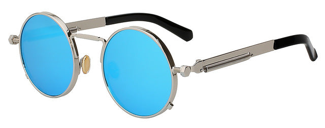 Xiu Oem Round Circle Steampunk Sunglasses Men Women Mirror Lens Uv400 Sunglasses Xiu Silver frame blue  