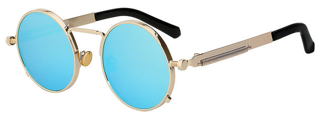 Xiu Oem Round Circle Steampunk Sunglasses Men Women Mirror Lens Uv400 Sunglasses Xiu Gold w blue mir  