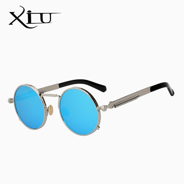 Xiu Brand Men's Steampunk Men Women Sunglasses Round Metal Sunglasses Xiu Silver w blue  