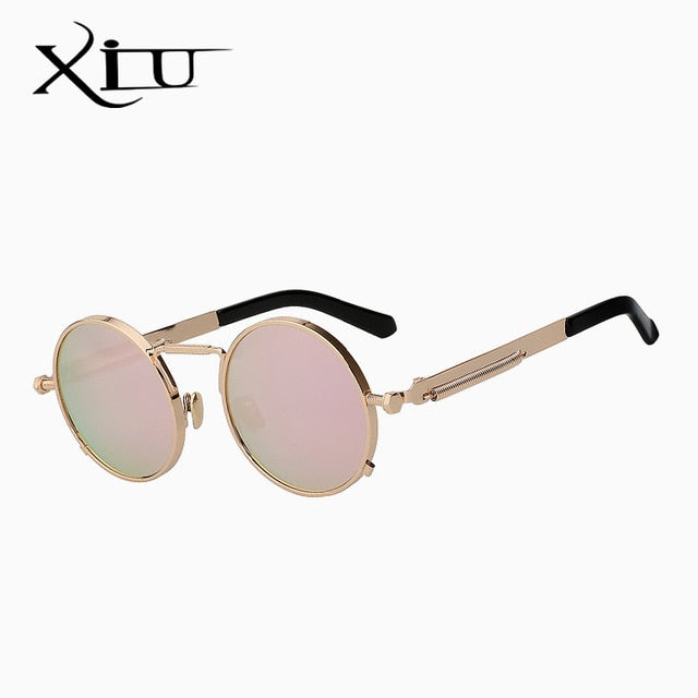 Xiu Brand Men's Steampunk Men Women Sunglasses Round Metal Sunglasses Xiu Gold w pink mir  