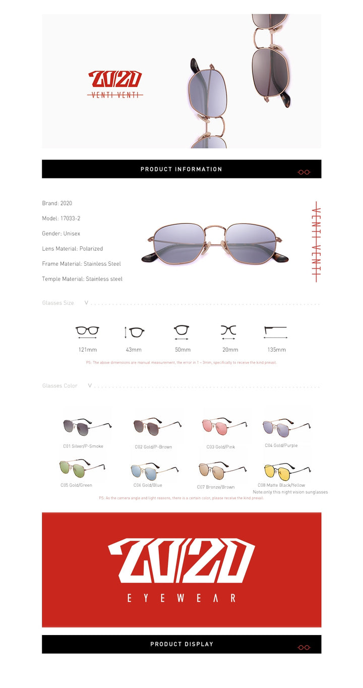 20/20 Polarized Square Metal Unisex Sunglasses 17033-2 Sunglasses 20/20   