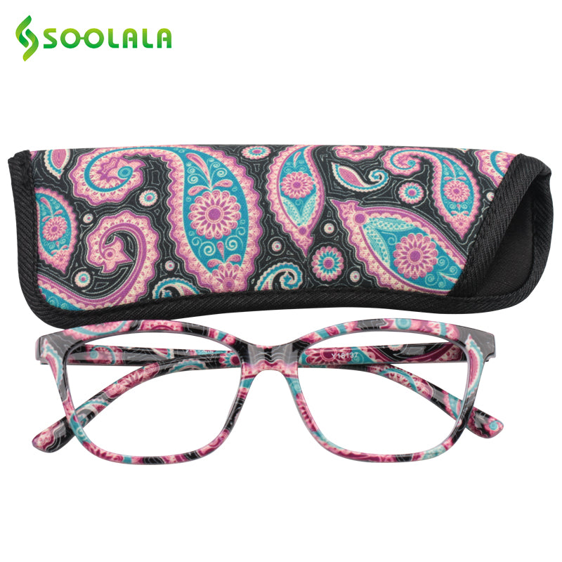Soolala Brand Unisex Square Tr 90 Printed Reading Glasses Pouch Spring Hinge 49617 Reading Glasses SooLala Green Floral 0 