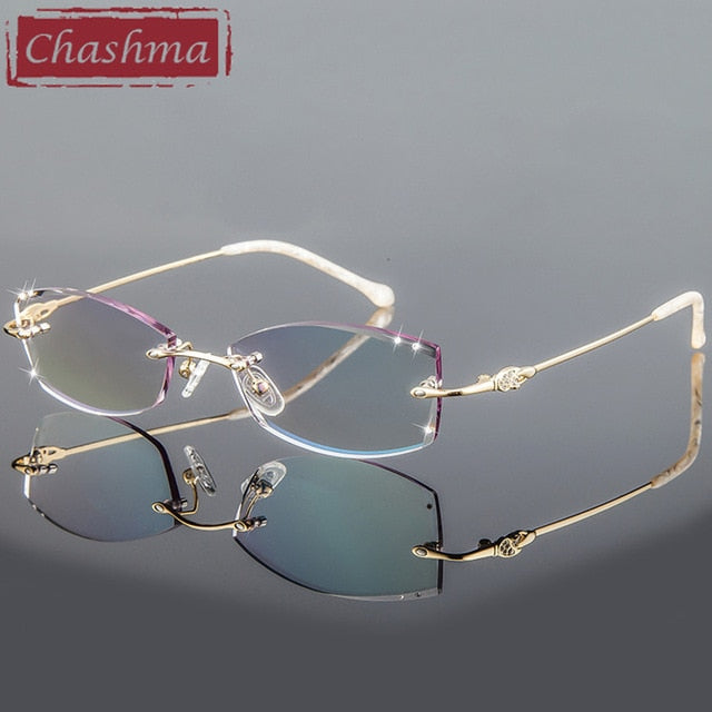 Chashma Women's Rimless Eyeglasses Diamond Cut Tint Lenses 3085 Rimless Chashma Gold Frame  