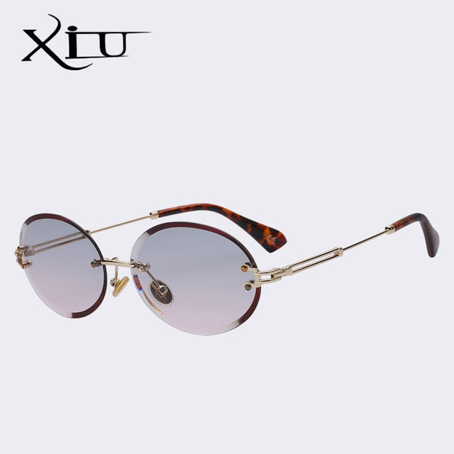 Xiu Oval Sunglasses Women Frameless Gray Brown Clear Lens Rimless Sunglasses Xiu Gold w smoke pink  