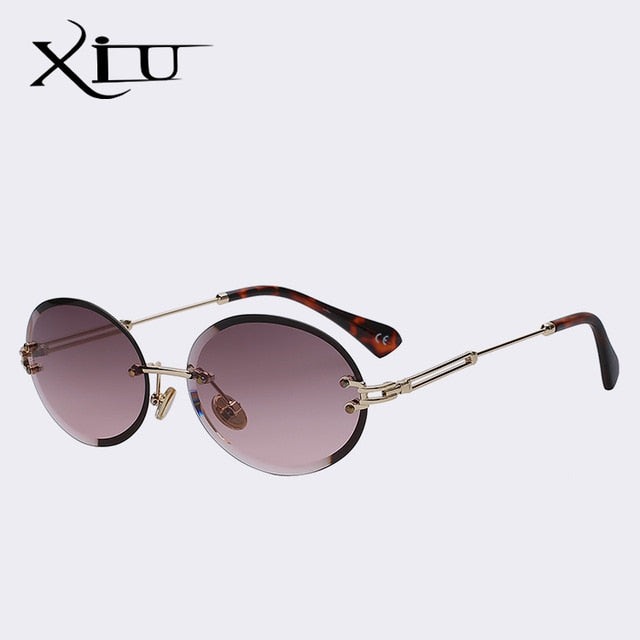 Xiu Oval Sunglasses Women Frameless Gray Brown Clear Lens Rimless Sunglasses Xiu Gold w violet  