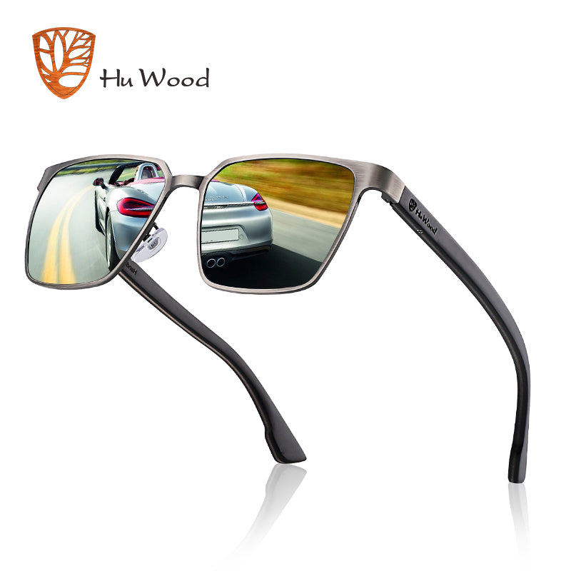 Hu Wood Brand Men's Square Metal Frame Sunglasses Spring Wood Temple With Polarized Lenses 4 Colors Gr8037 Sunglasses Hu Wood   