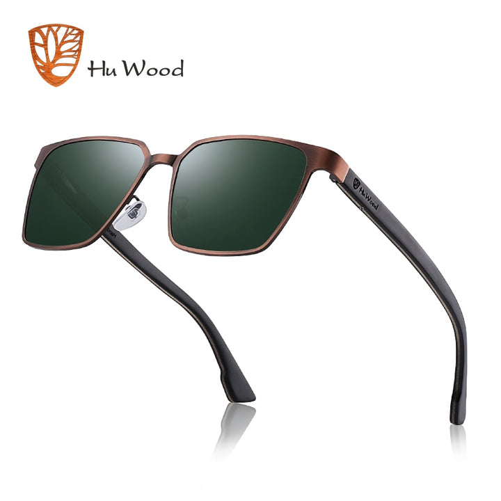 Hu Wood Brand Men's Square Metal Frame Sunglasses Spring Wood Temple With Polarized Lenses 4 Colors Gr8037 Sunglasses Hu Wood   