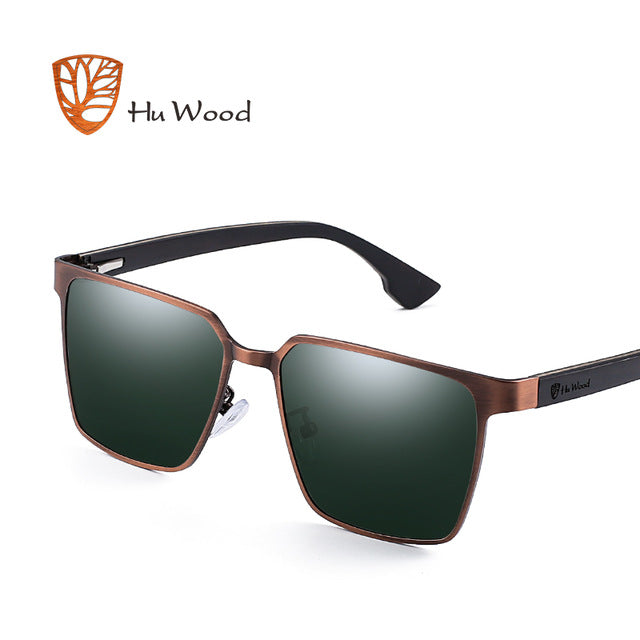 Hu Wood Brand Men's Square Metal Frame Sunglasses Spring Wood Temple With Polarized Lenses 4 Colors Gr8037 Sunglasses Hu Wood C2  